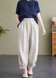 Beige Lace Pockets Linen Lantern Trousers Embroideried Summer