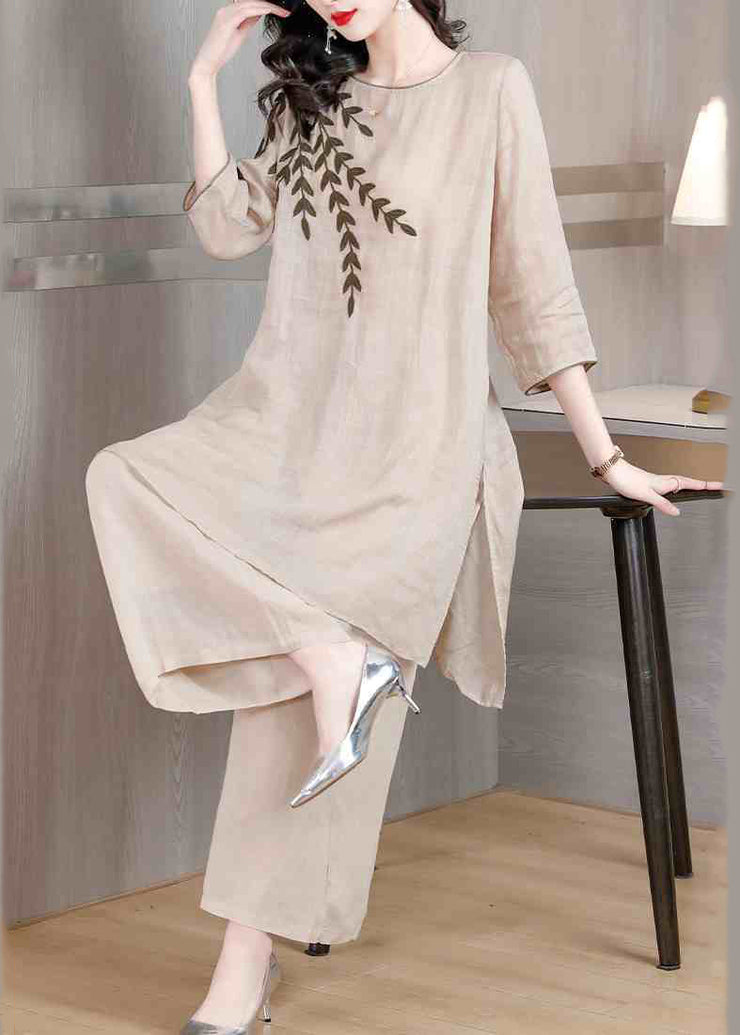 Beige Linen Dress Two Pieces Set Embroidered Side Open Summer