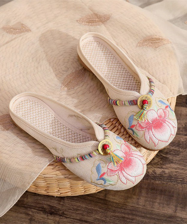 Beige Linen Tassel Embroidery Women Splicing Flat Slide Sandals