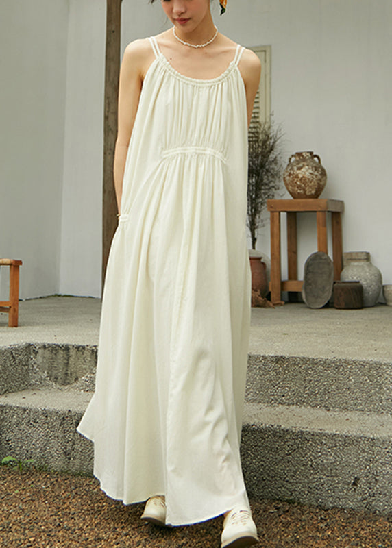 Beige O-Neck Wrinkled Cotton Maxi Spaghetti Strap Dress Sleeveless