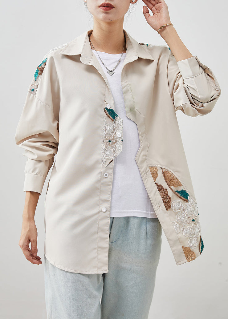 Beige Patchwork Cotton Shirts Embroidered Fall