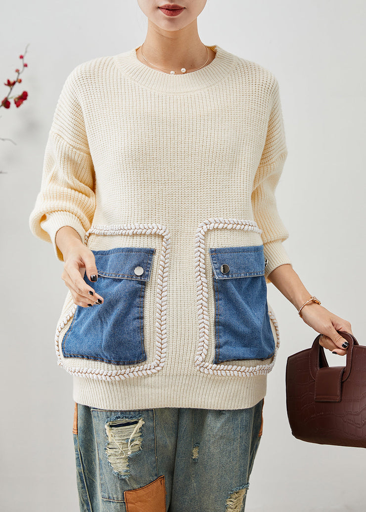 Beige Patchwork Knit Sweater Tops Oversized Pockets Winter