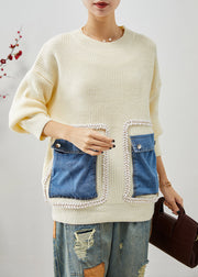 Beige Patchwork Knit Sweater Tops Oversized Pockets Winter