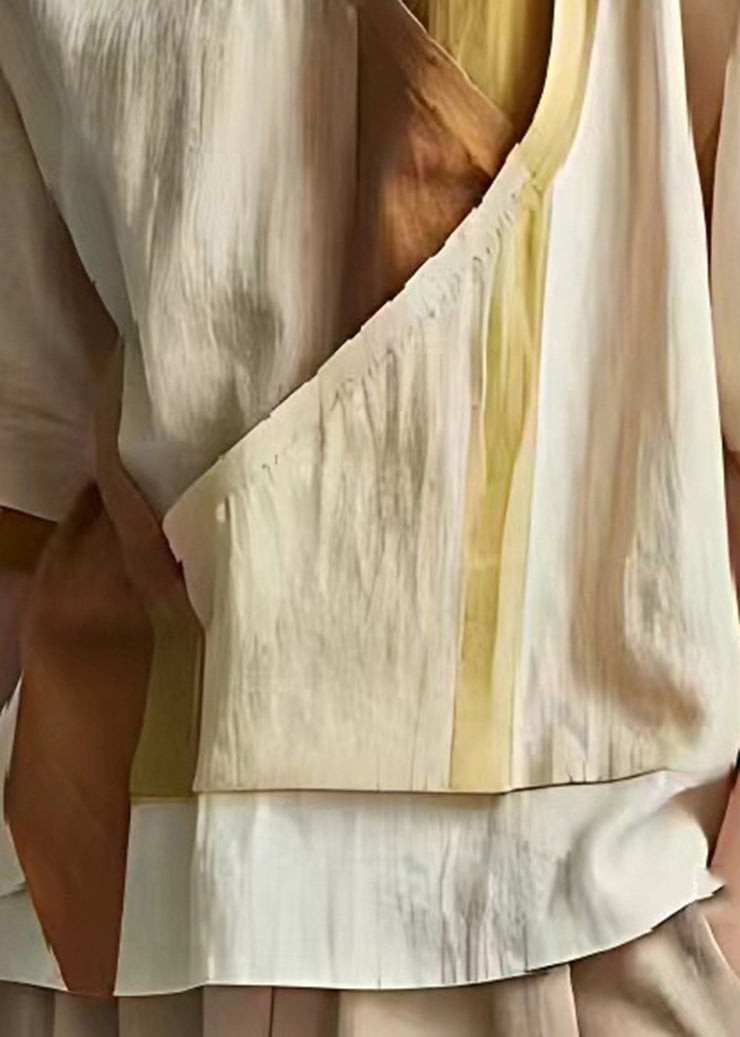 Beige Patchwork Linen Shirt Tops Asymmetrical Summer