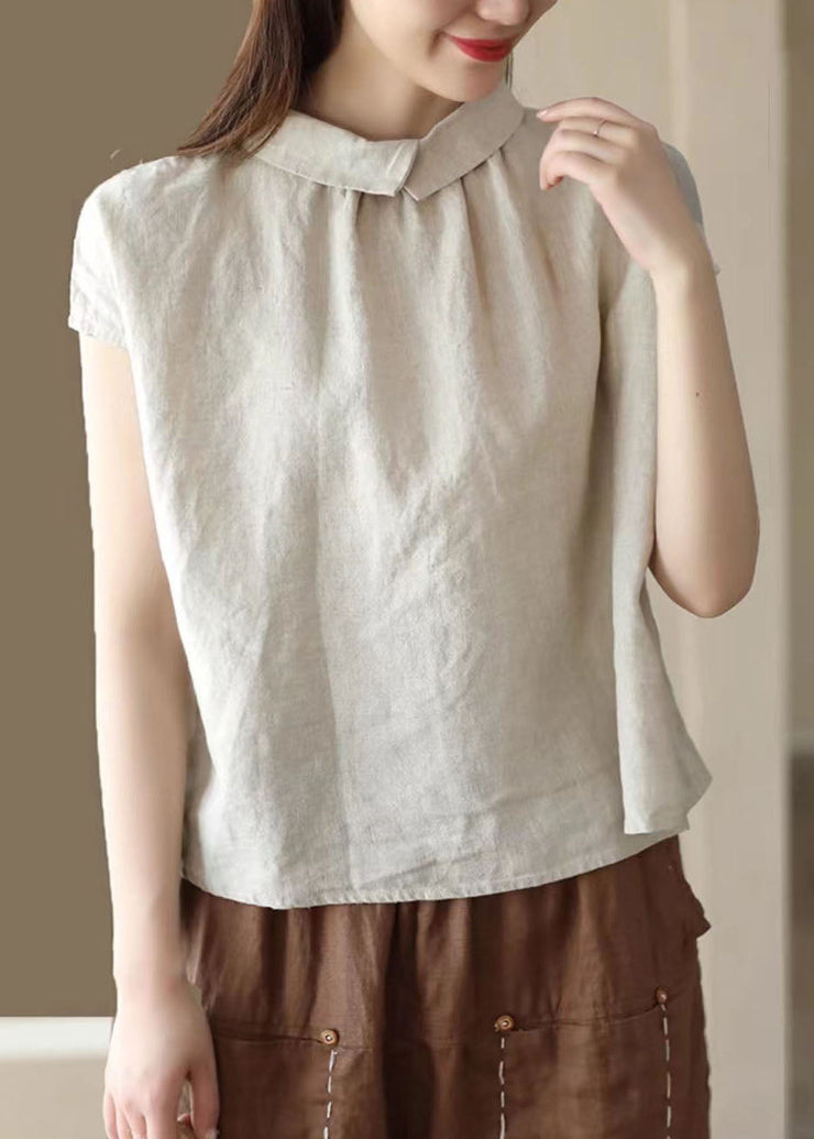 Beige Patchwork Linen Tops Peter Pan Collar Wrinkled Button Summer