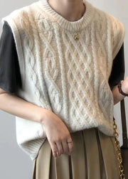 Beige Patchwork Loose Knit Waistcoat Top O Neck Fall