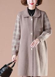 Beige Patchwork Plaid Woolen Coats Turn-down Collar Button Long Sleeve