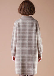 Beige Patchwork Plaid Woolen Coats Turn-down Collar Button Long Sleeve