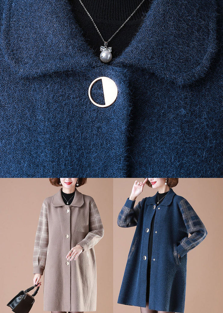 Beige Patchwork Plaid Woolen Coats Turn-down Collar Button Long Sleeve