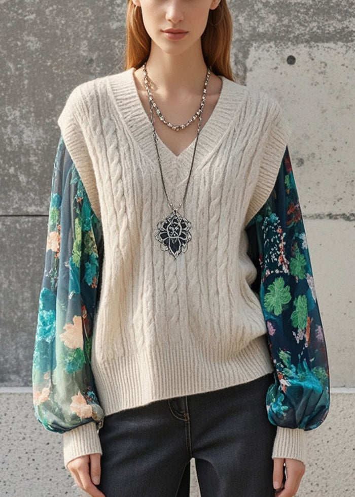 Beige Patchwork Print Knit Fake Two Piece Tops V Neck Fall