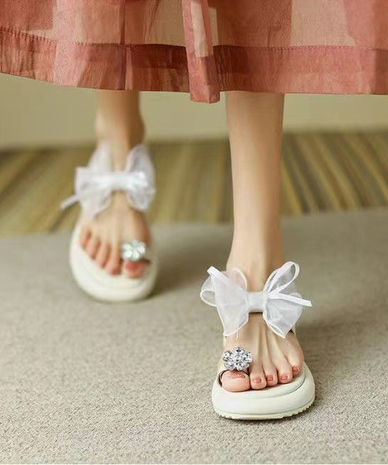 Beige Platform Slide Sandals Boutique Splicing Bow Zircon