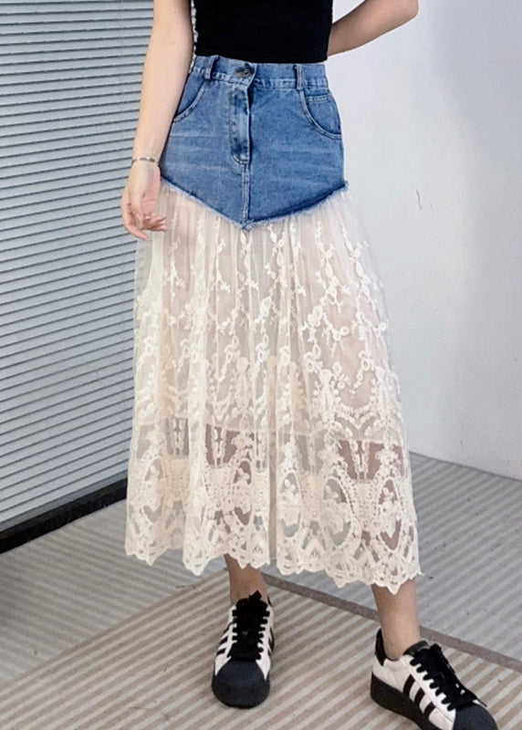 Beige Pockets Lace Patchwork Style Denim Skirts Summer