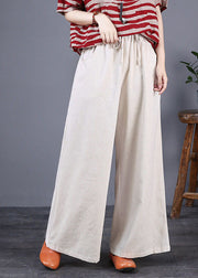 Beige Pockets Patchwork Cotton Wide Leg Trousers Elastic Waist Summer