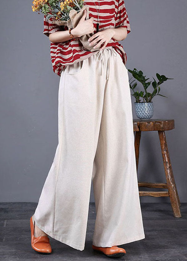 Beige Pockets Patchwork Cotton Wide Leg Trousers Elastic Waist Summer