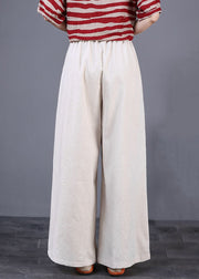 Beige Pockets Patchwork Cotton Wide Leg Trousers Elastic Waist Summer