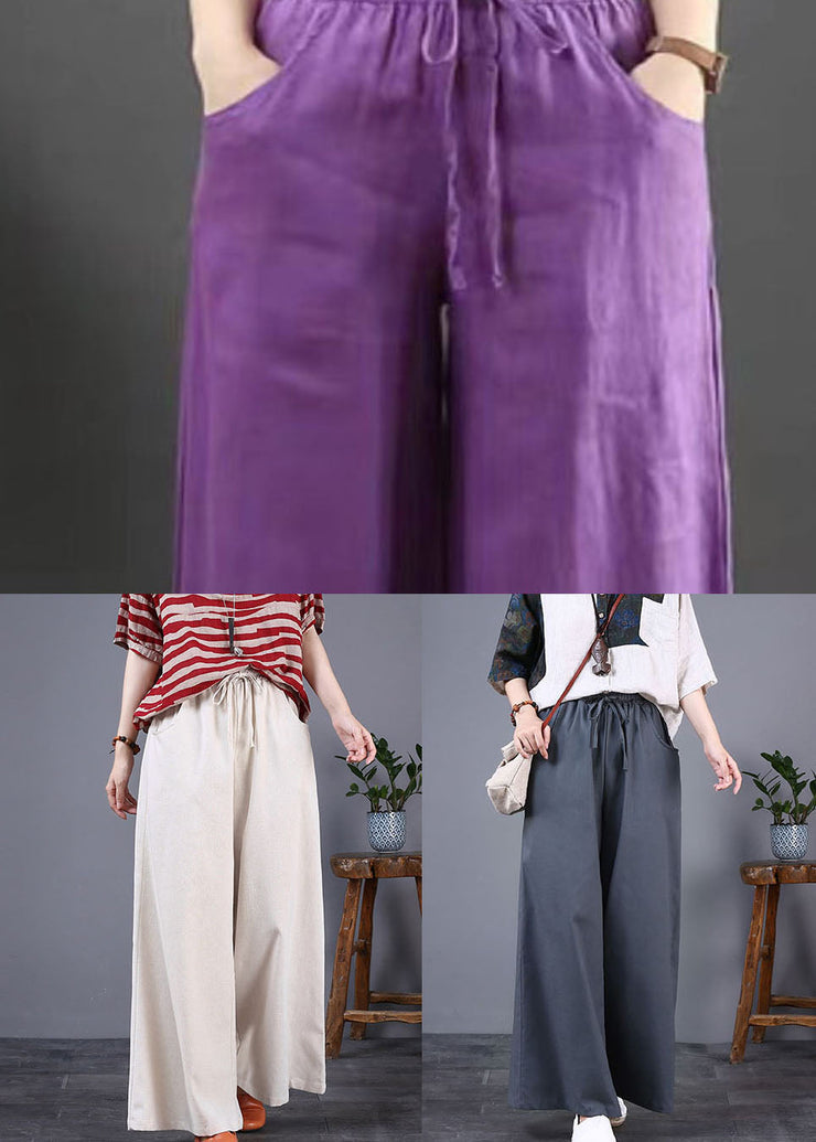 Beige Pockets Patchwork Cotton Wide Leg Trousers Elastic Waist Summer