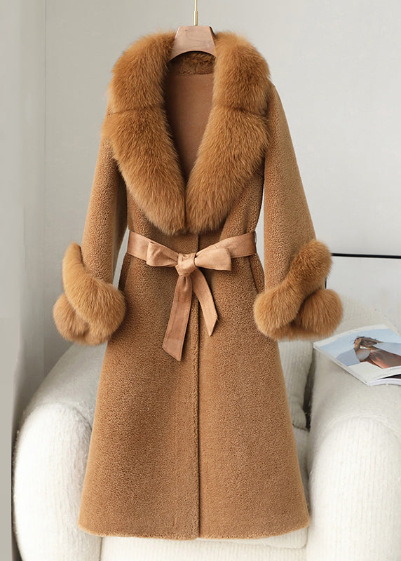 Beige Pockets Patchwork Fuzzy Fur Long Coat Fur Collar Long Sleeve