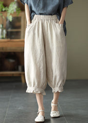 Beige Pockets Patchwork Linen Crop Pants Elastic Waist Summer