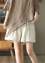 Beige Pockets Patchwork Linen Hot Pants Elastic Waist Summer