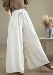 Beige Pockets Simple Cotton Wide Leg Pants Drawstring Fall