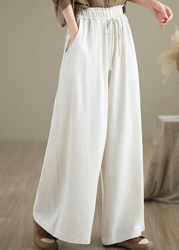 Beige Pockets Simple Cotton Wide Leg Pants Drawstring Fall