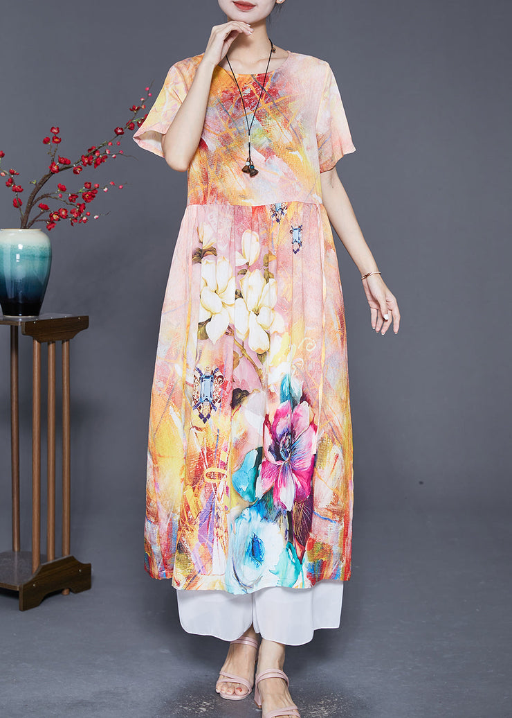 Beige Print Linen Robe Dresses Oversized Low High Design Summer