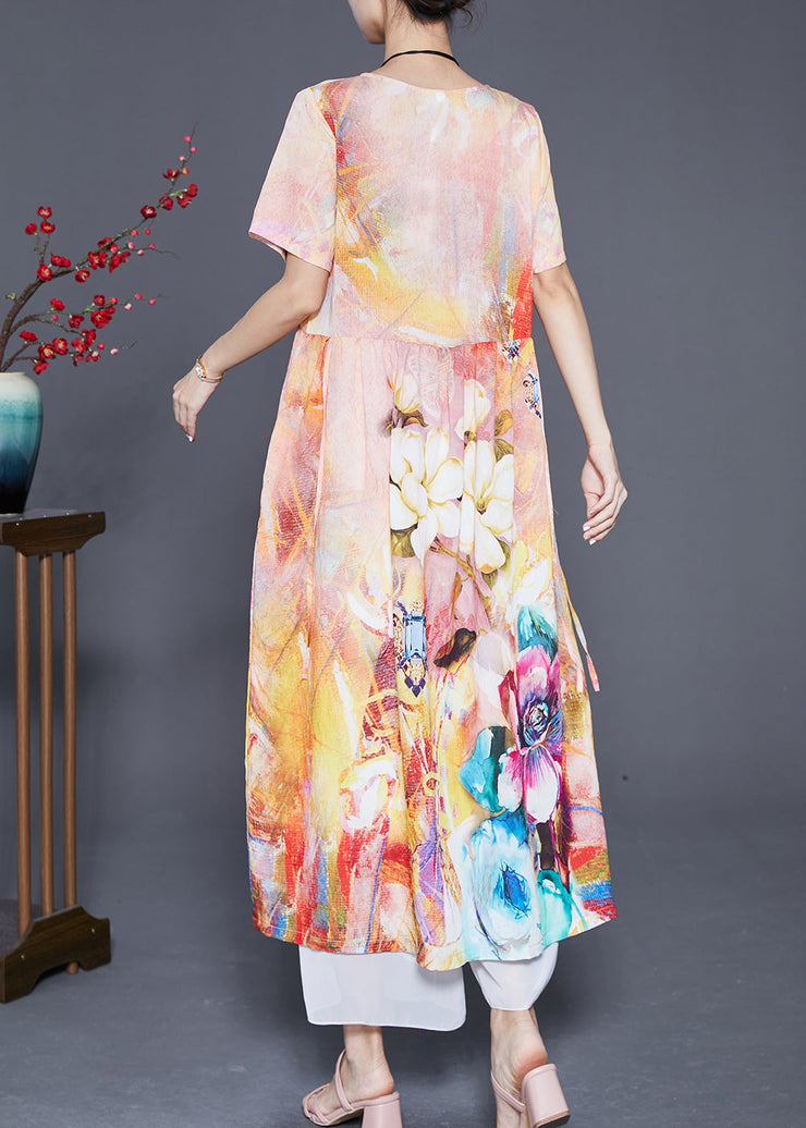 Beige Print Linen Robe Dresses Oversized Low High Design Summer