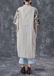 Beige Print Linen Shirt Dress Stand Collar Oversized Summer