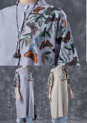 Beige Print Linen Shirt Dress Stand Collar Oversized Summer