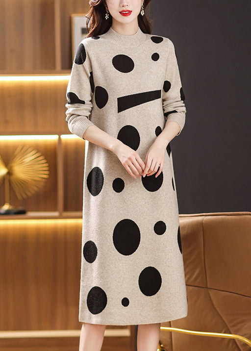 Beige Print Patchwork Woolen Long Dresses Stand Collar Fall