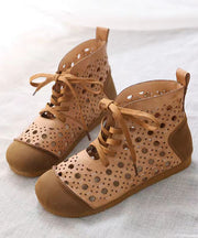 Beige Sandals Boots Faux Leather Classy Splicing Hollow Out Lace Up