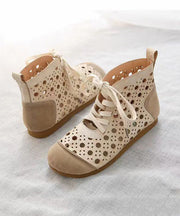 Beige Sandals Boots Faux Leather Classy Splicing Hollow Out Lace Up