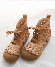 Beige Sandals Boots Faux Leather Classy Splicing Hollow Out Lace Up