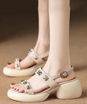 Beige Sandals Chunky Faux Leather DIY Splicing Rivet Buckle Strap