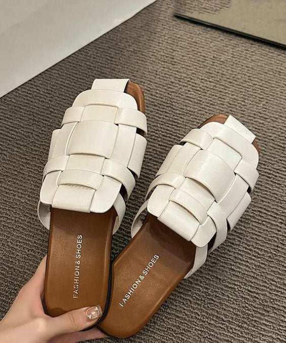 Beige Slide Sandals Faux Leather Vintage Hollow Out Splicing