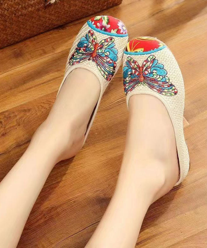 Beige Slide Sandals Linen Fabric Classy Splicing Butterfly Embroideried