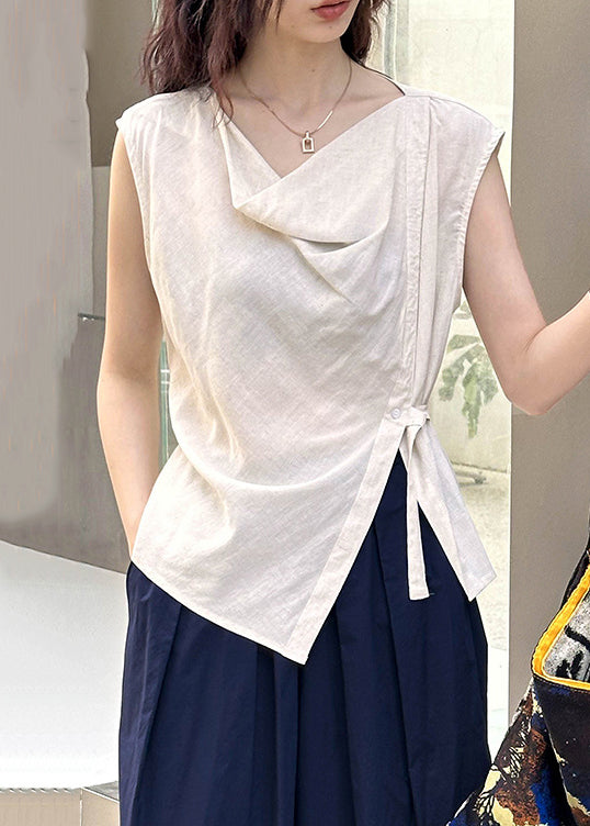 Beige Solid Cotton Blouse Tops Turtle Neck Sleeveless