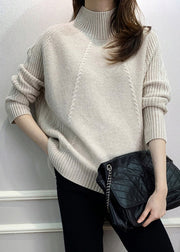 Beige Solid Cozy Knit Fall Sweaters Turtleneck