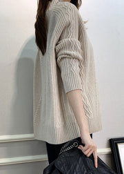 Beige Solid Cozy Knit Fall Sweaters Turtleneck