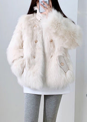 Beige Square Collar Neck Tie Leather And Faux Fur Coat Winter