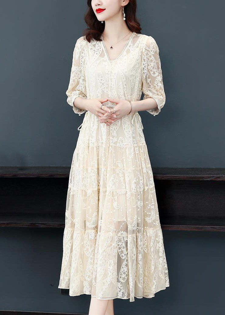 Beige Tie Waist Lace Long Dresses V Neck Bracelet Sleeve