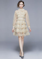 Beige Tulle Holiday Dress Peter Pan Collar Layered Ruffles Long Sleeve