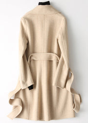 Beige Turtleneck Tie Waist Woolen Coats Fall