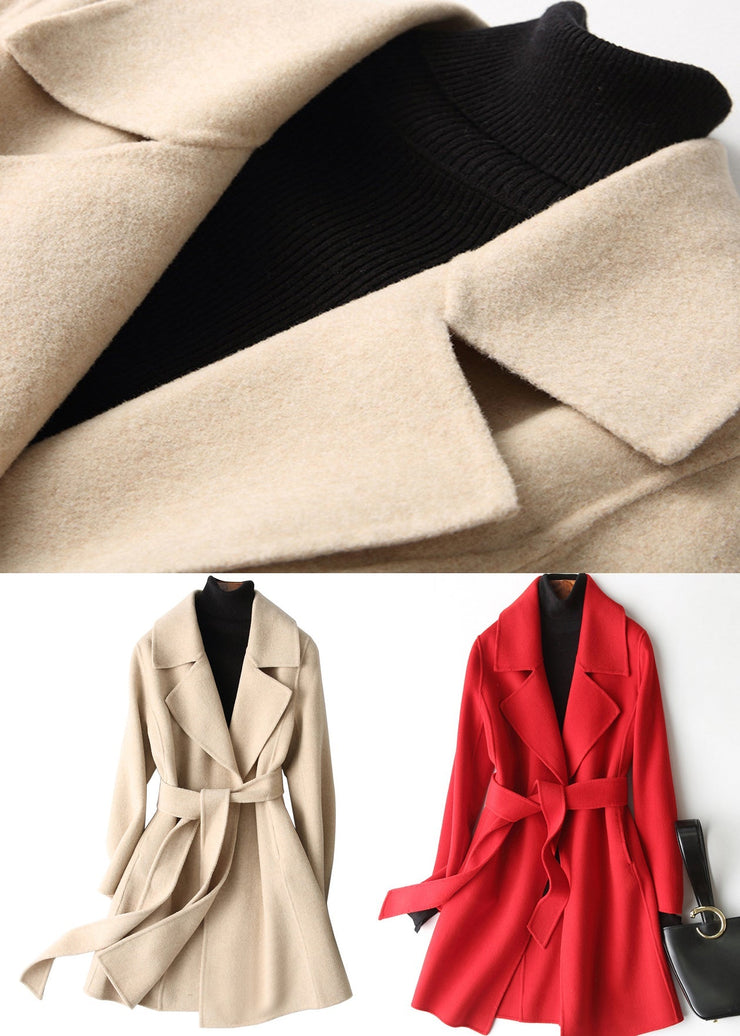 Beige Turtleneck Tie Waist Woolen Coats Fall