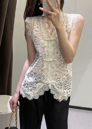 Beige V Neck Button Lace Vest Summer