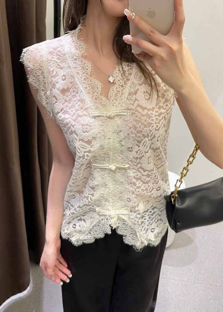 Beige V Neck Button Lace Vest Summer