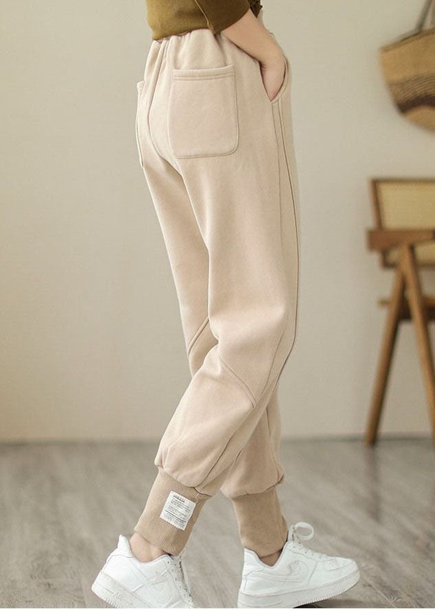 Beige Warm Fleece Beam Pants High Waist Solid Color Winter