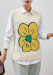 Beige Warm Knit Vests Floral Jacquard Spring