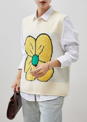 Beige Warm Knit Vests Floral Jacquard Spring