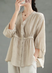 Beige Wrinkled Patchwork Linen Blouses V Neck Spring